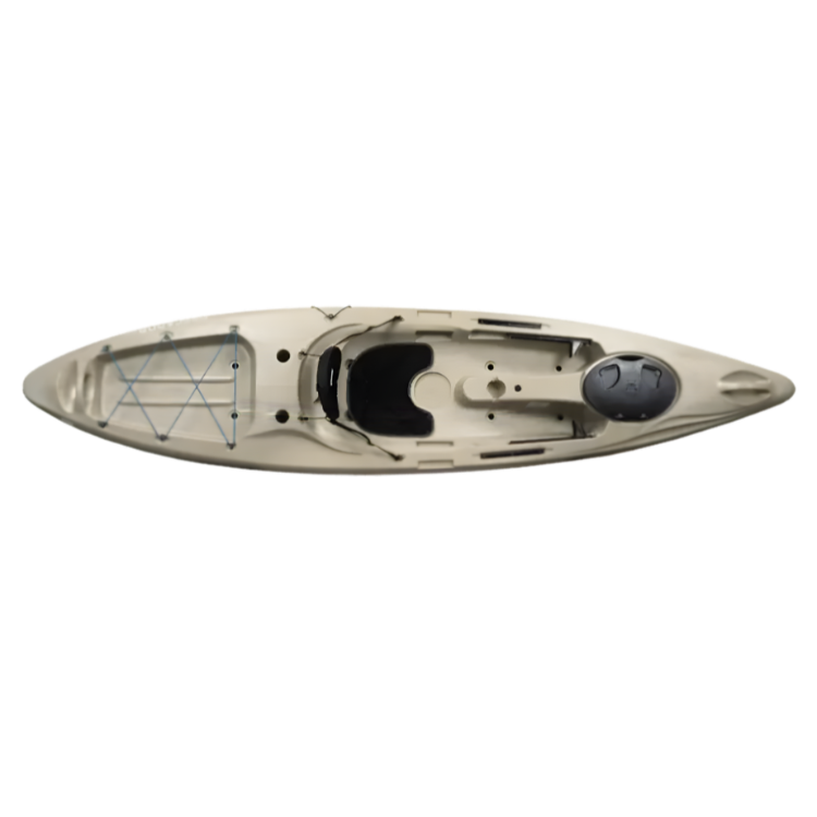 Tan kayak with black seat and storage, viewed from above.