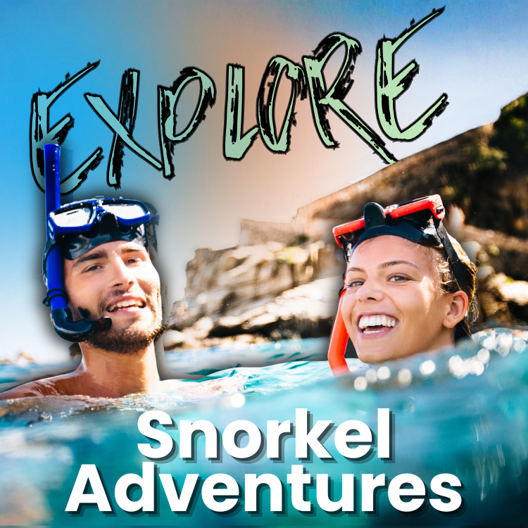 Man and woman snorkeling in clear water with the word 