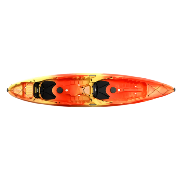 Two-person, orange and yellow kayak, top view, black seats.