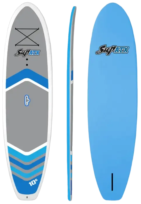 Blue and gray stand-up paddleboard with logo, deck bungee, and fin, showing top, side, and bottom views.