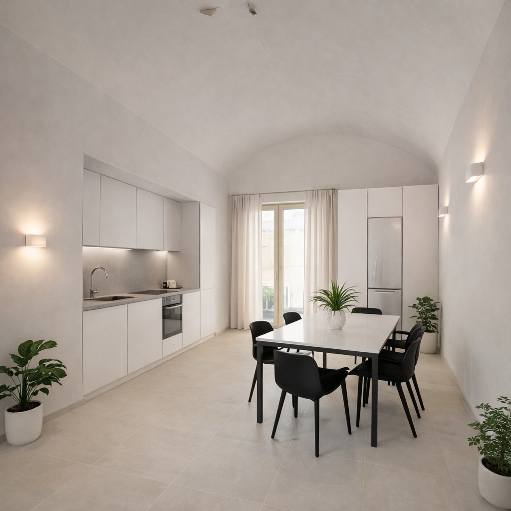 Edificio beige a due piani con balconi, persiane grigie, ringhiere in vetro e un prato verde.