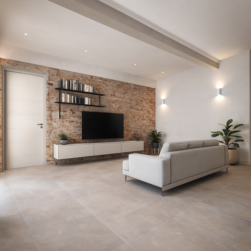 Edificio beige a due piani con balconi, persiane grigie, ringhiere in vetro e un prato verde.