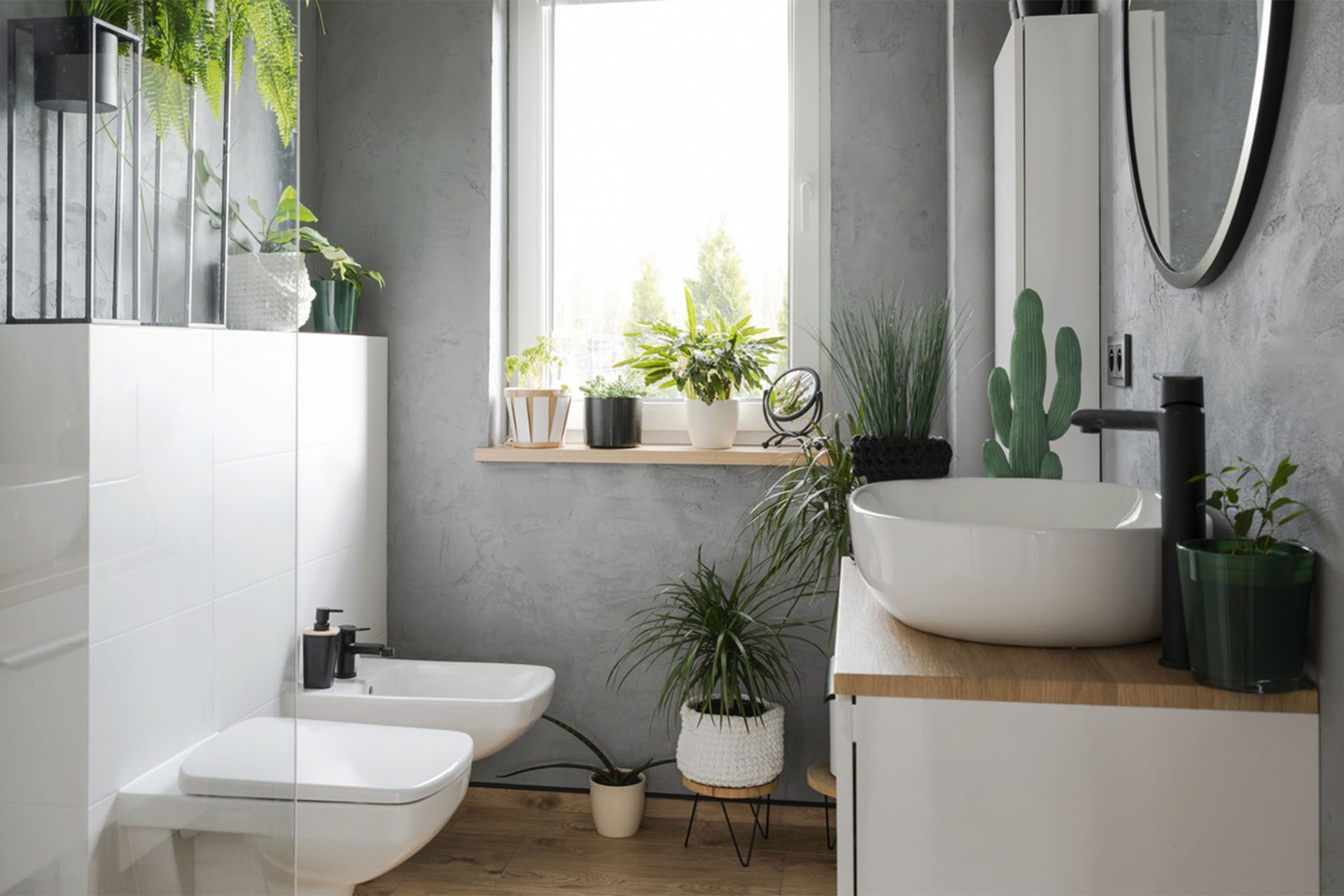 Bagno moderno con sanitari bianchi, piante e finestra.