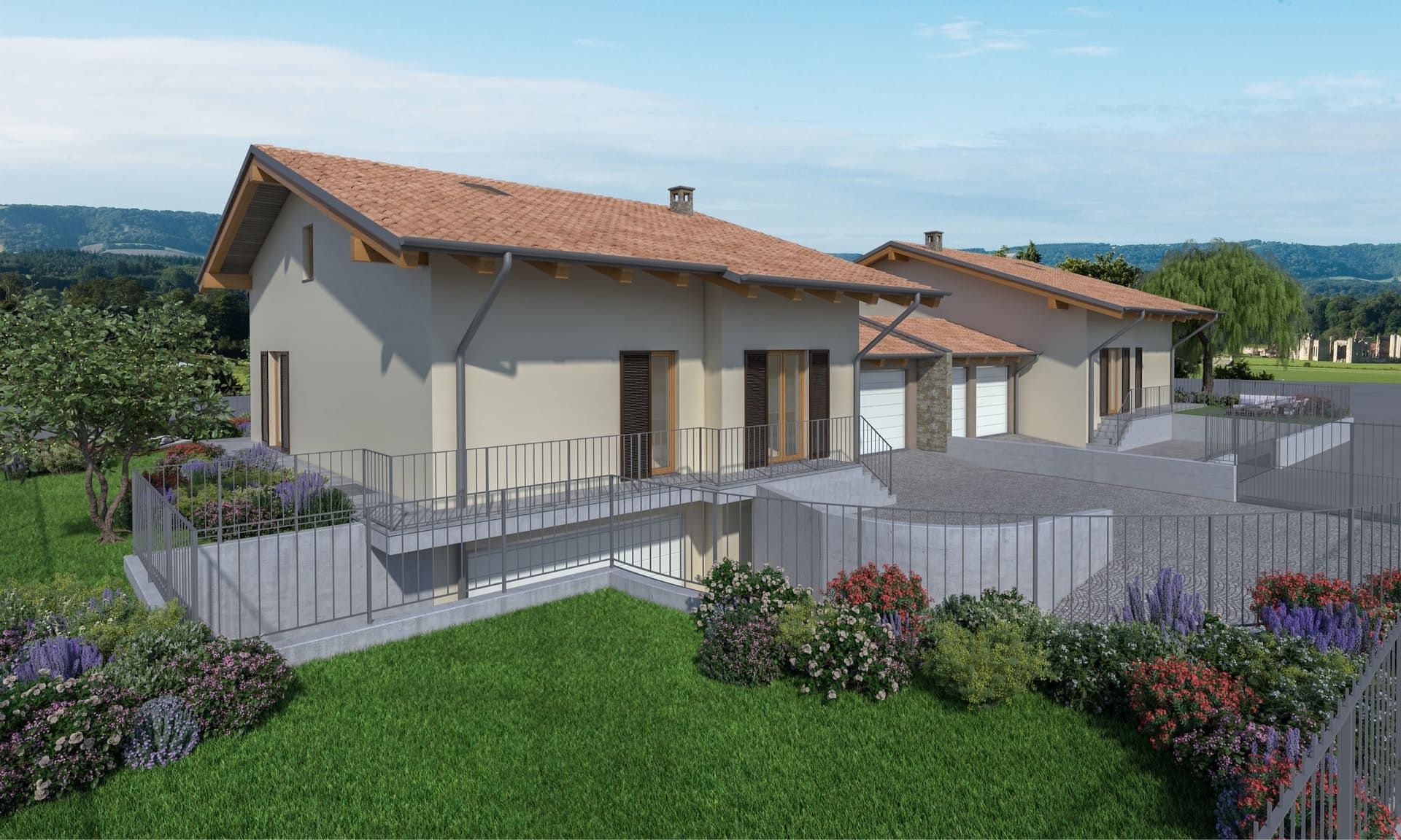 Bifamigliare - Busca. Case beige a due piani con tetti di tegole rosse e un prato verde, circondate dal paesaggio in una giornata di sole.