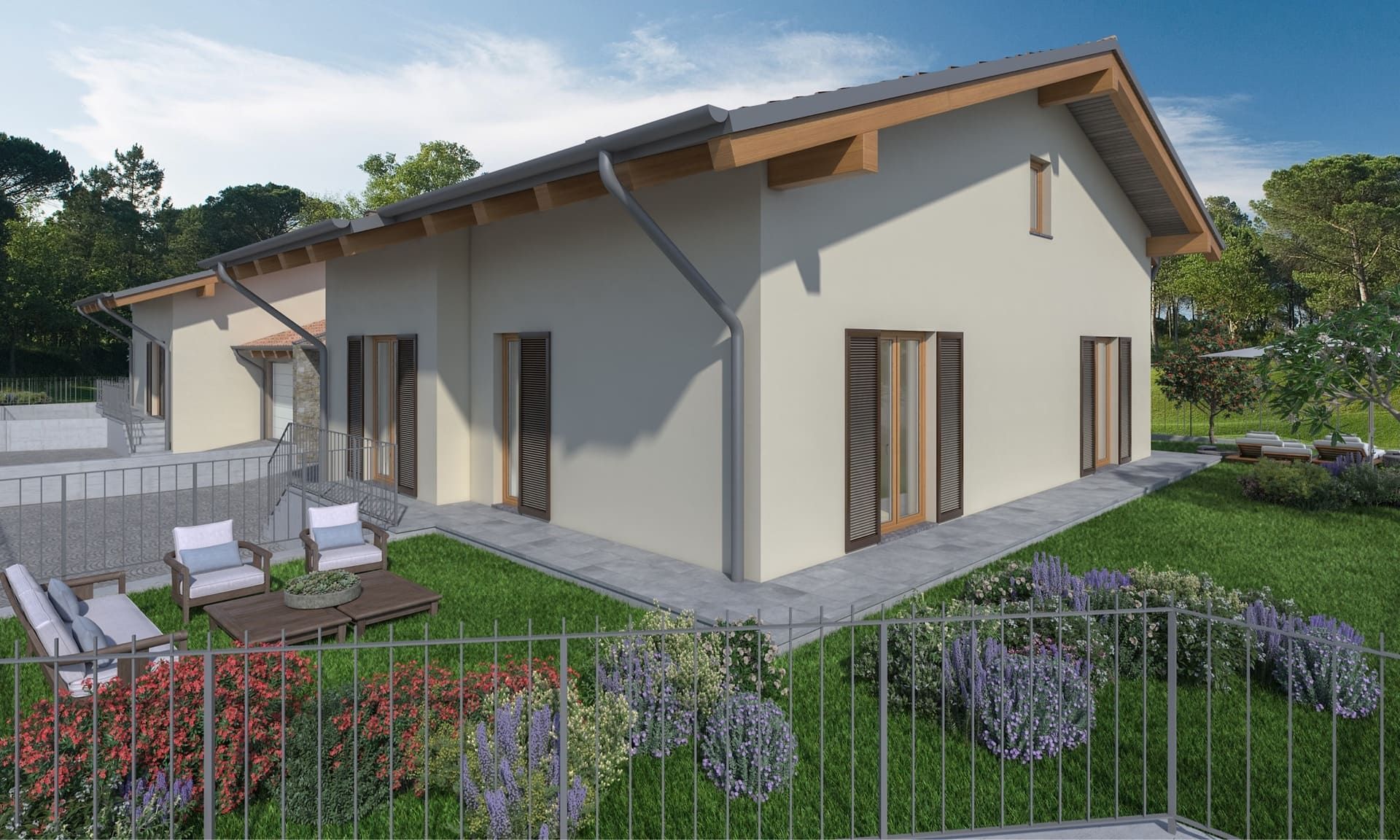 Casa beige con persiane, dettagli in legno e giardino con posti a sedere.