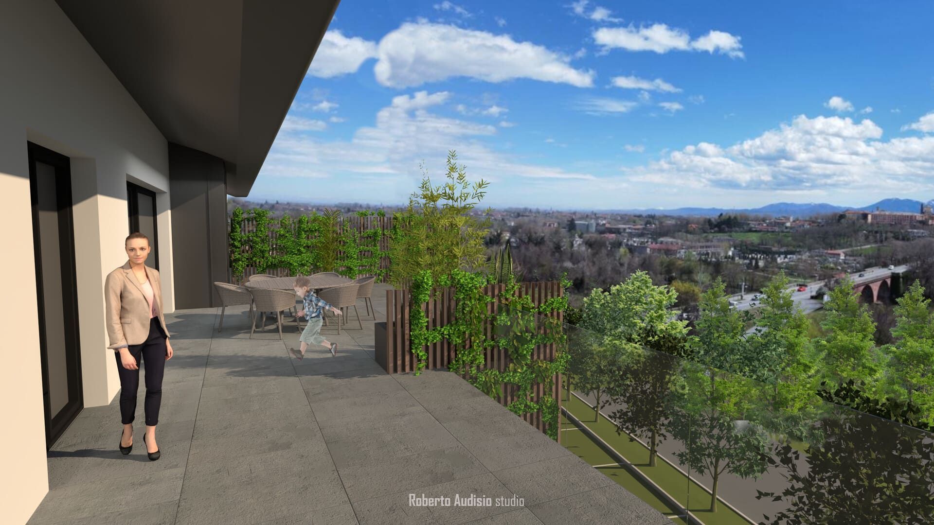 Donna su una terrazza panoramica con vista sulla città. Alberi verdi, edificio grigio, cielo azzurro.