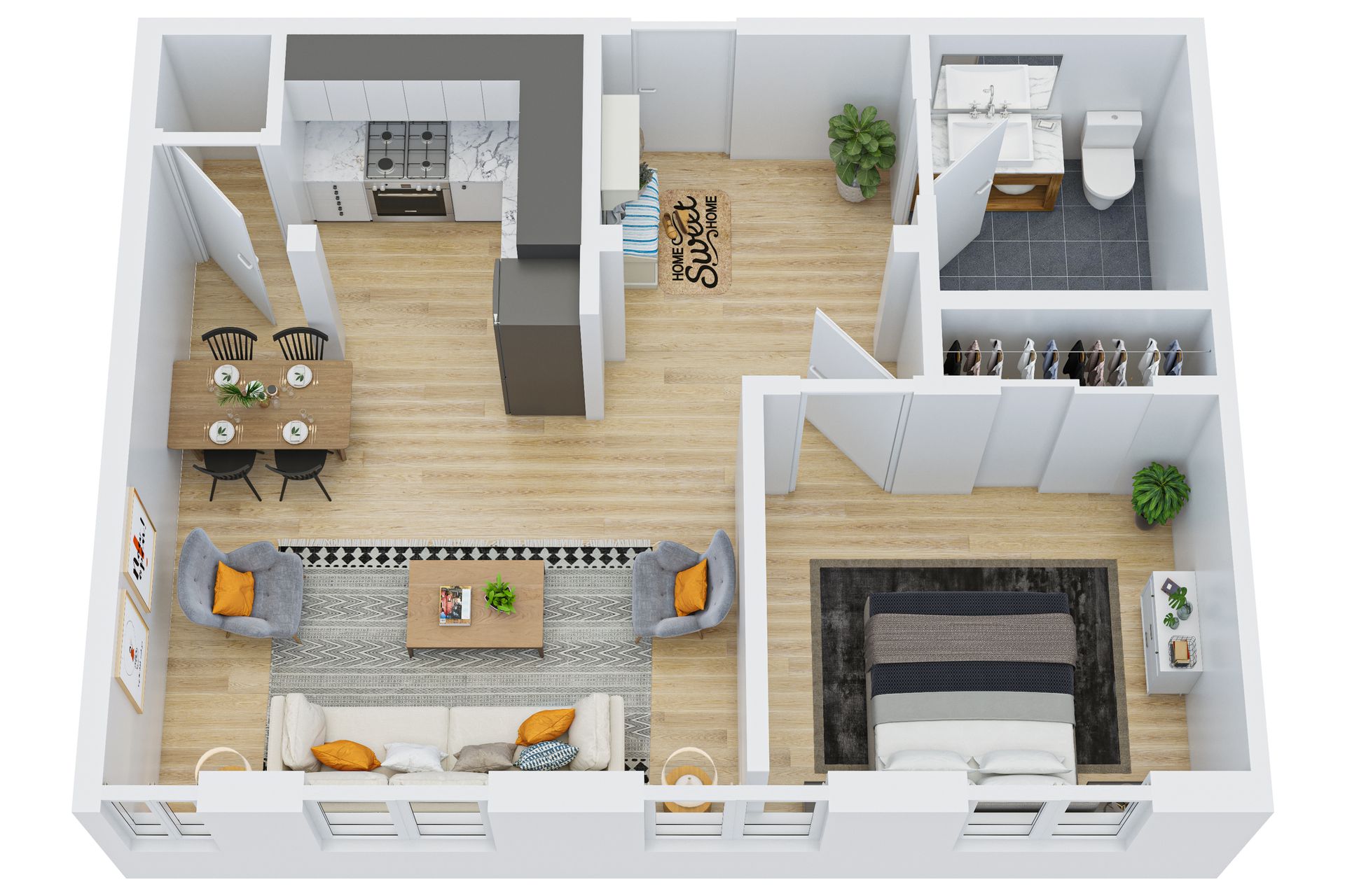 Overhead view of a furnished apartment with kitchen, dining, living, bedroom, and bathroom.