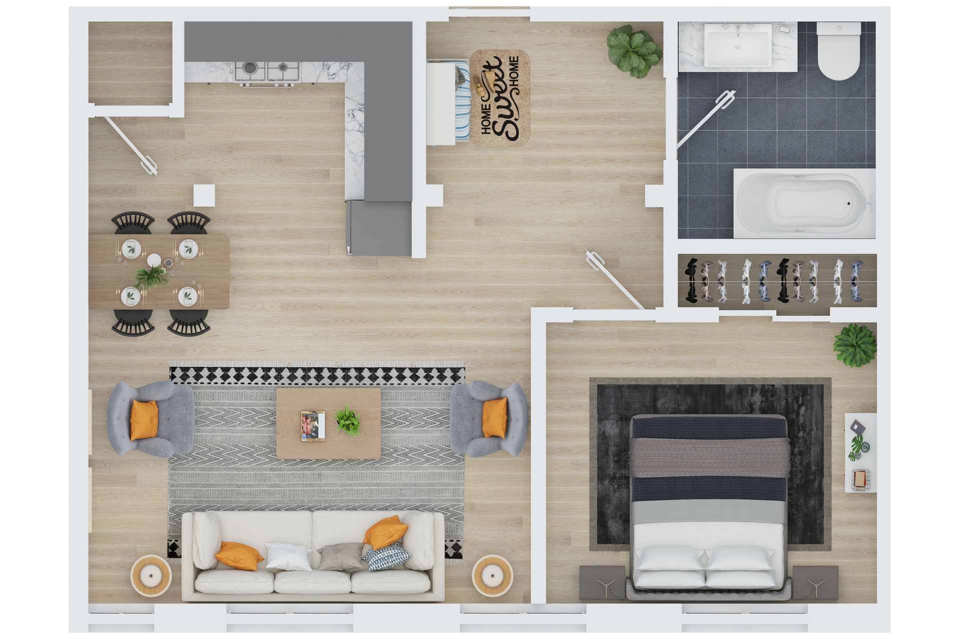 Floor plan of an apartment with a kitchen, living room, dining area, bedroom, and bathroom.