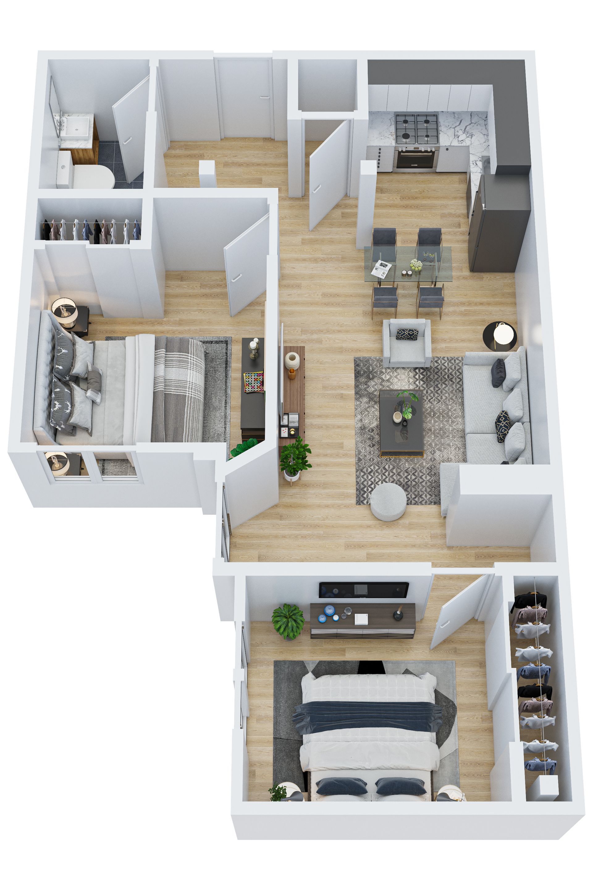 Top-down view of a modern two-bedroom apartment floor plan with furniture in place; neutral colors, hardwood floors.