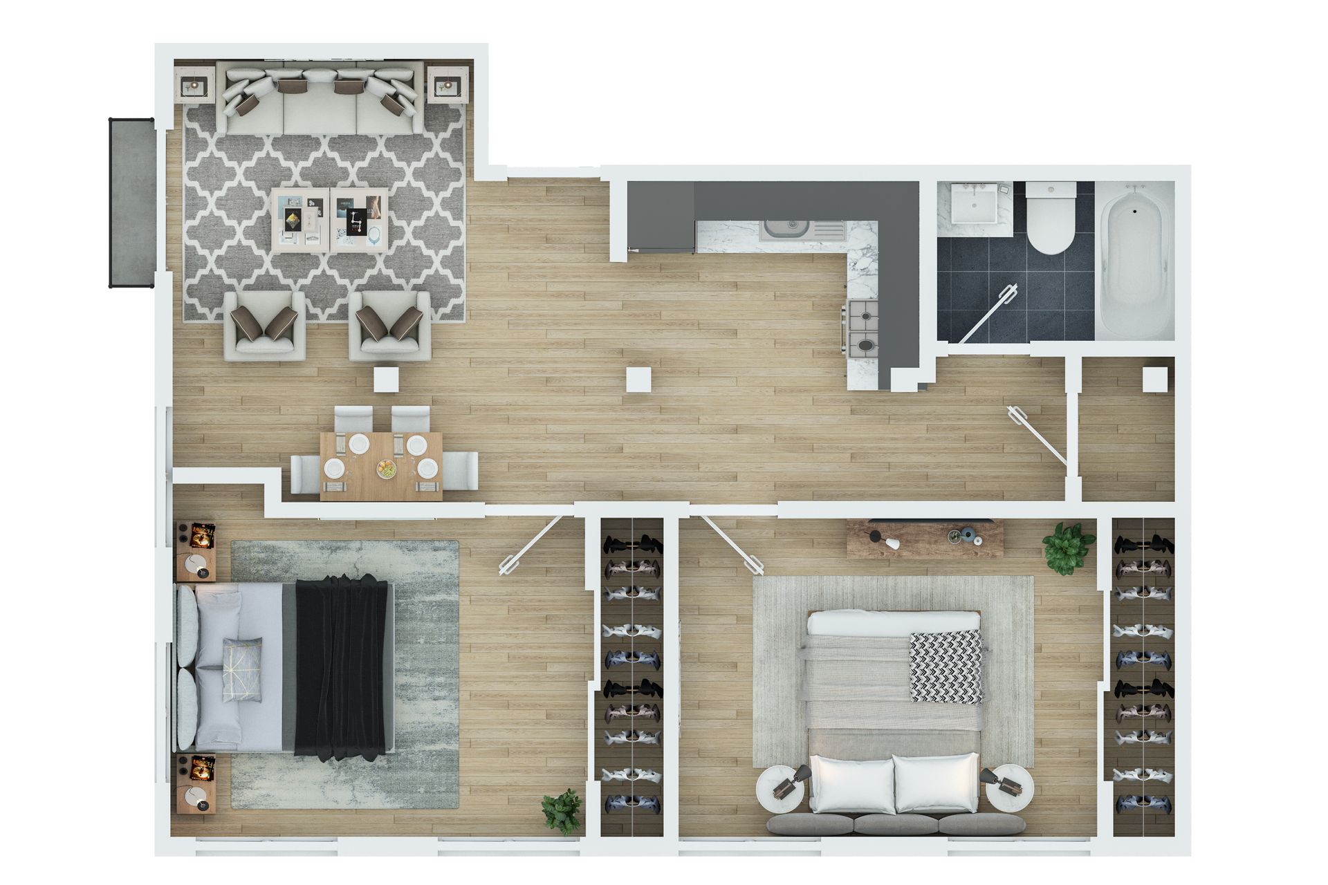 Floor plan of a modern apartment with living room, kitchen, two bedrooms, and a bathroom.