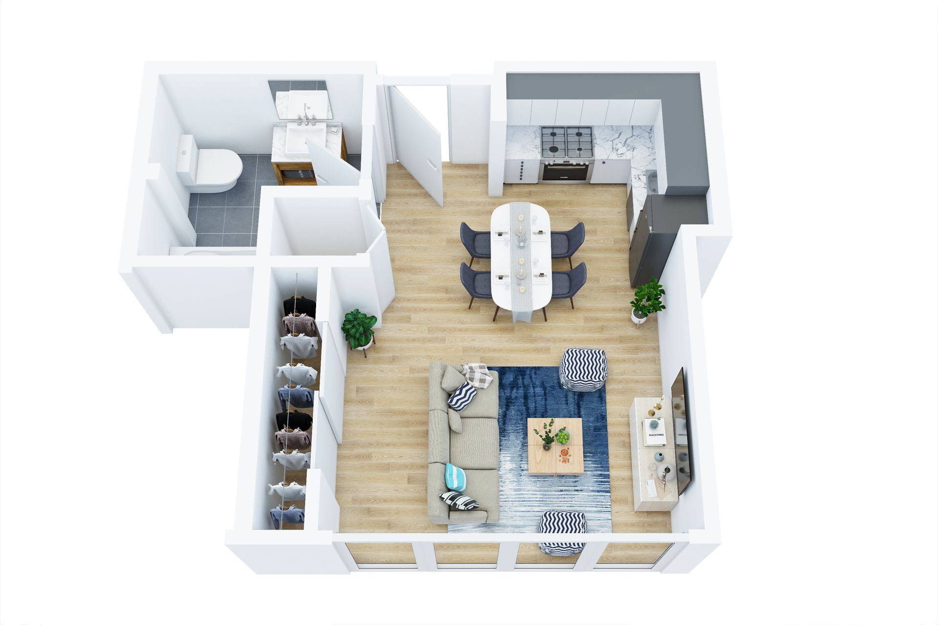 Top-down view of a modern apartment floor plan. It shows a kitchen, dining area, living room, bathroom, and closet.