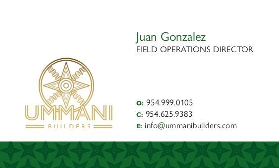 Business card for Juan Gonzalez, Field Operations Director at Ummani Builders, with contact details on a green-accented card.