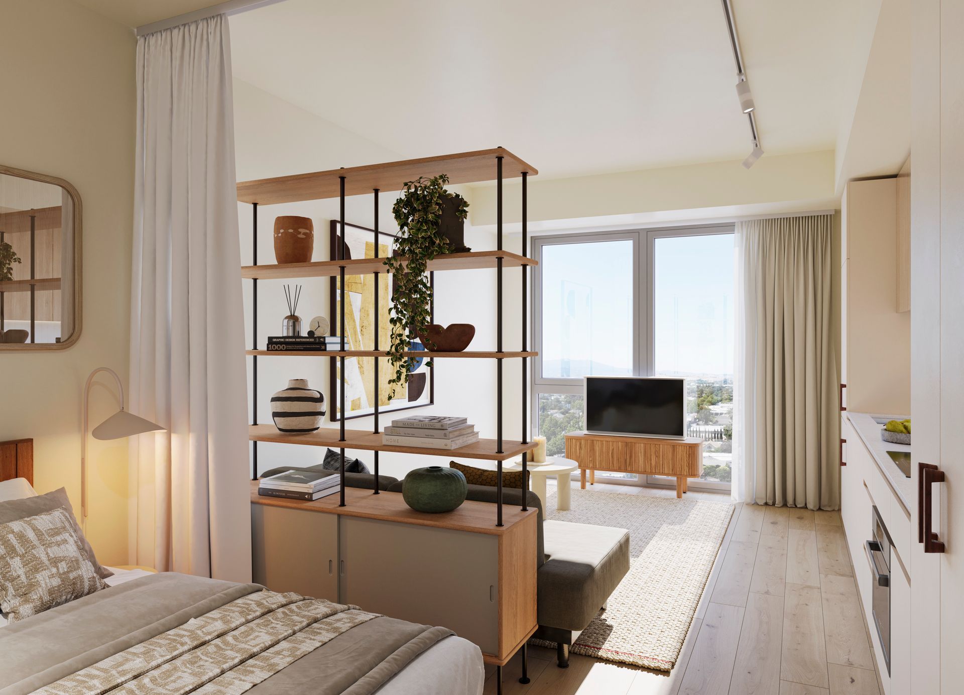 Studio apartment with a bed, bookshelf, and TV cabinet, light wood furniture, a large window, and beige walls.