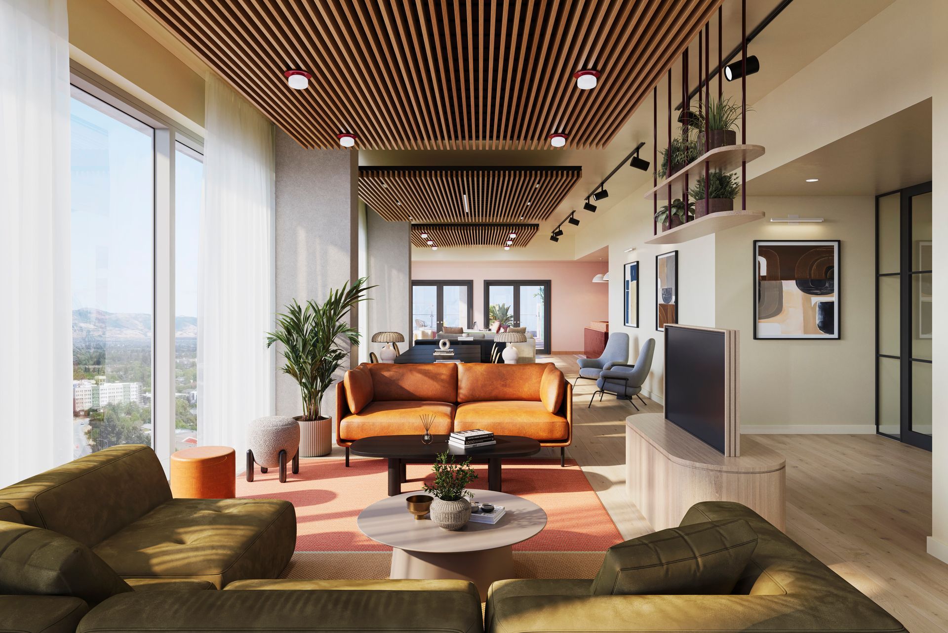 Spacious modern lounge with couches, a rug, large windows, and decorative wood ceiling panels.