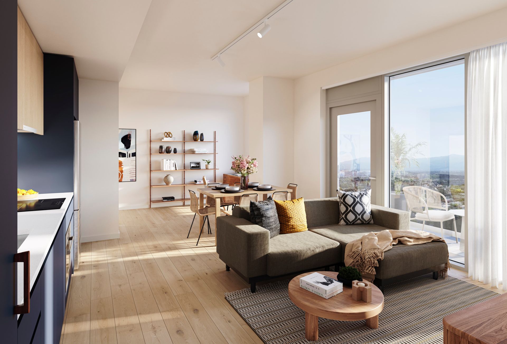 Modern apartment interior with living room, dining area, and balcony. Olive couch, wooden floors, and city views.