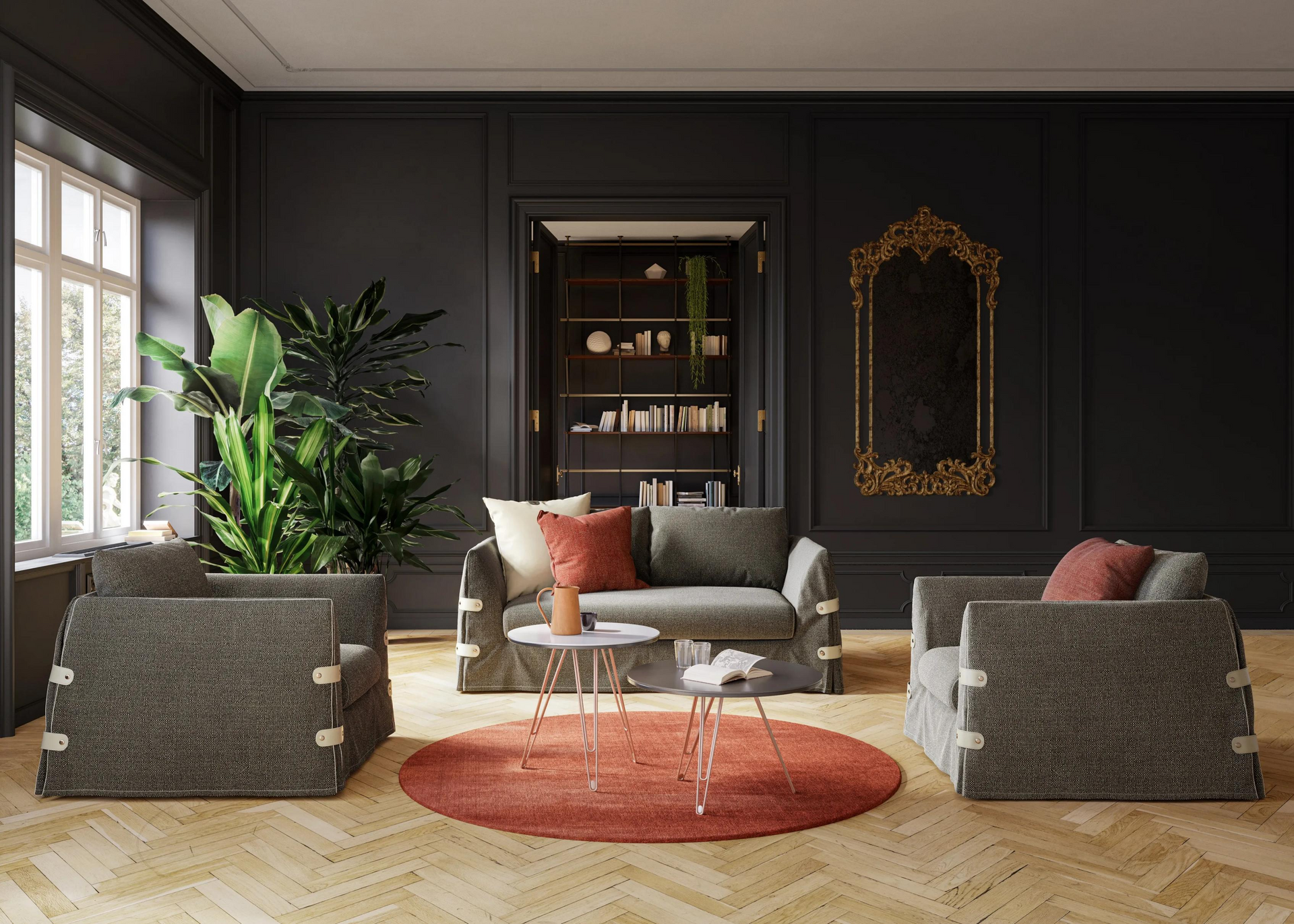 Living room with dark gray walls, seating, rug, and ornate mirror.