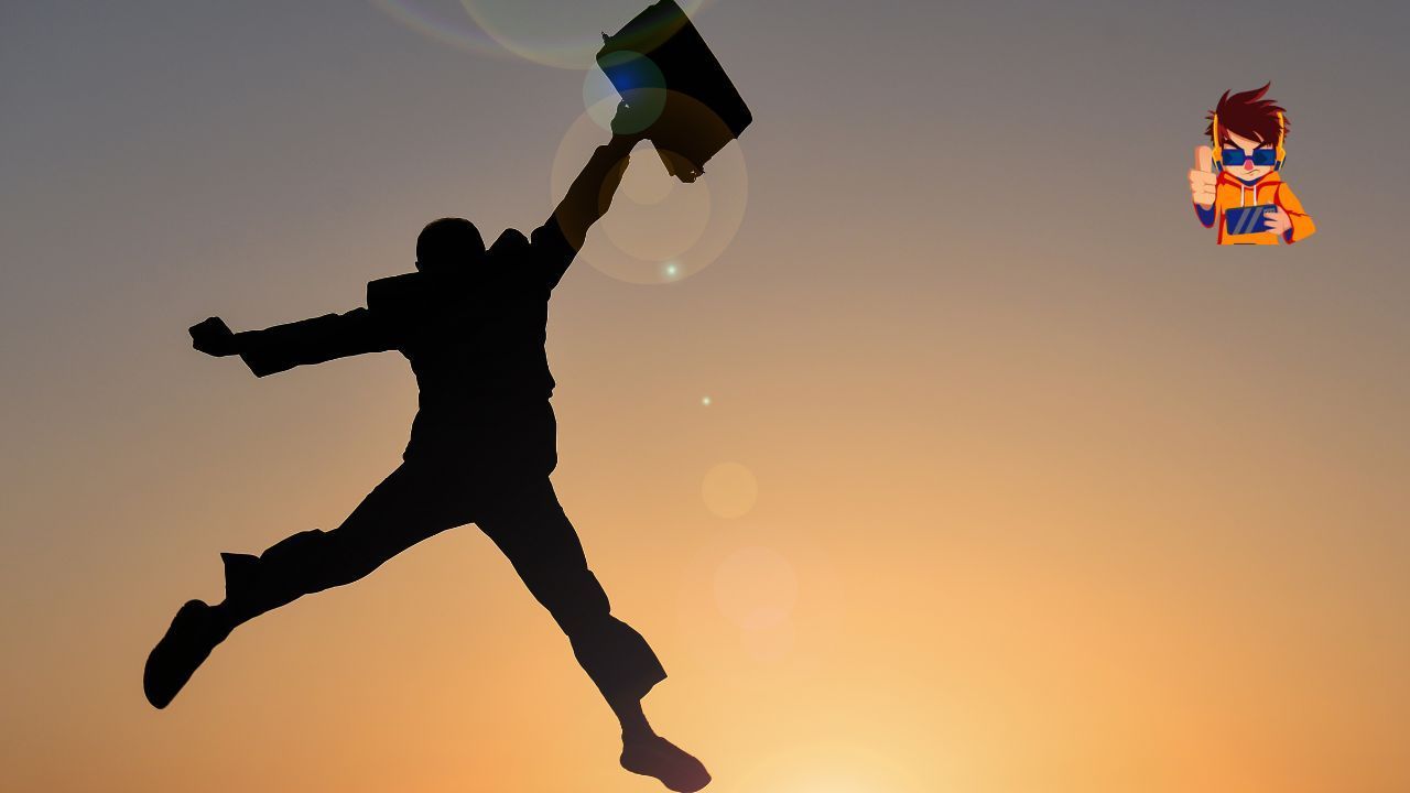 A silhouette of a person jumping in the air holding a book