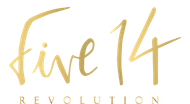 A gold logo for five 14 revolution on a white background.