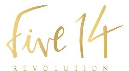 A gold logo for five 14 revolution on a white background.