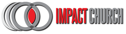 A logo for impact church with a red heart in the middle.