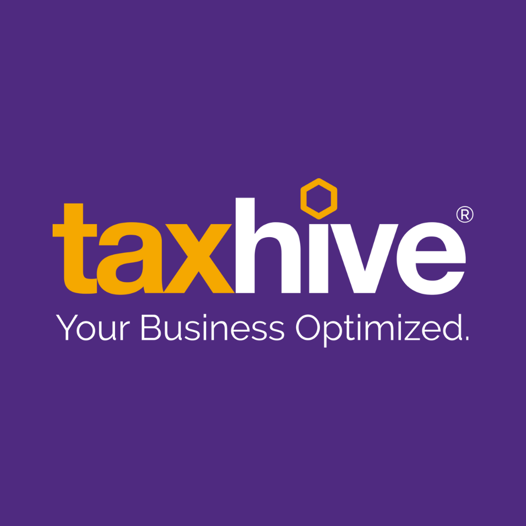 The logo for taxhive is on a purple background.