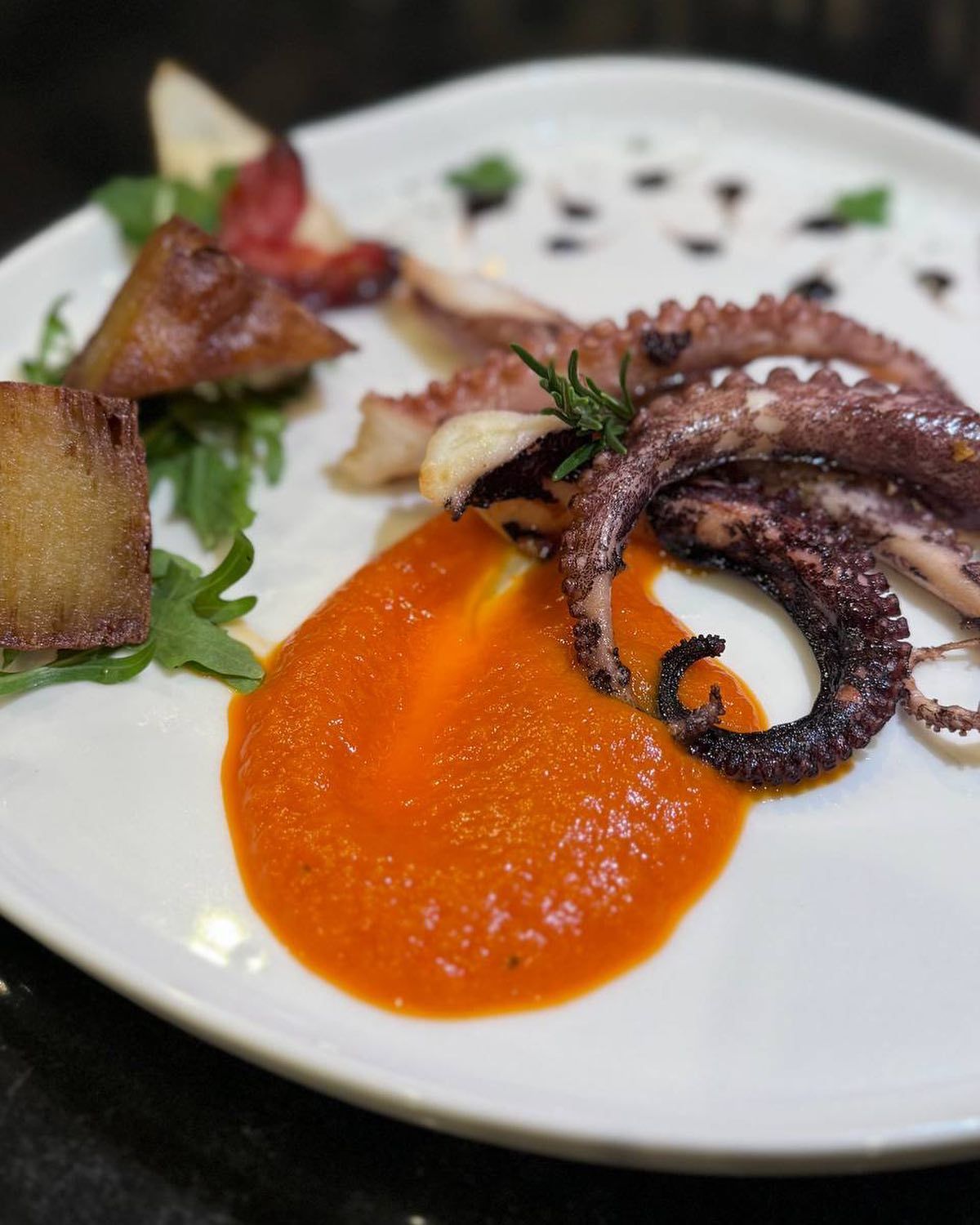 Un piatto bianco condito con polpo e salsa di pomodoro