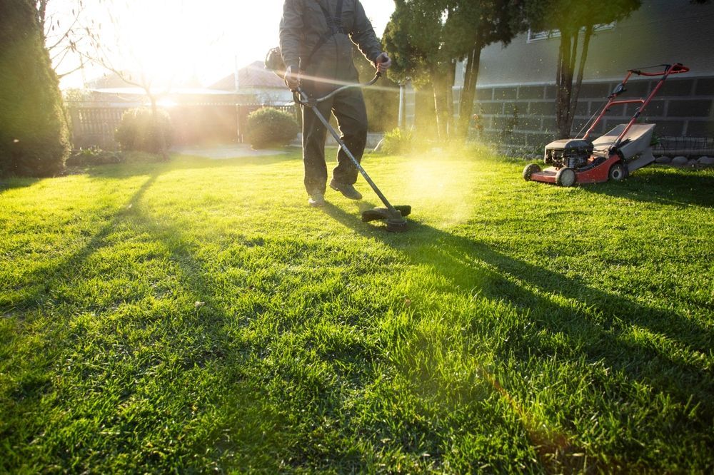 A man is cutting grass with a lawn mower in the background.