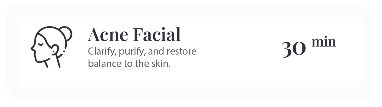 Acne Facial service info. Includes a profile of a person, description and duration of 30 min.