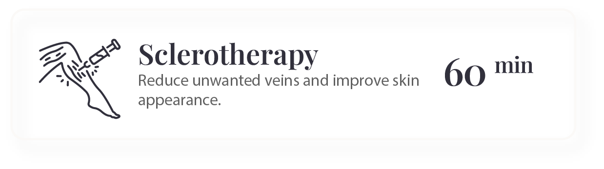 Sclerotherapy treatment: a syringe injecting a leg; text indicates treatment reduces unwanted veins and takes 60 minutes.