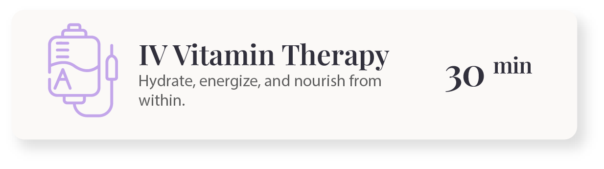 IV Vitamin Therapy, with a drip bag icon, is offered for 30 minutes.