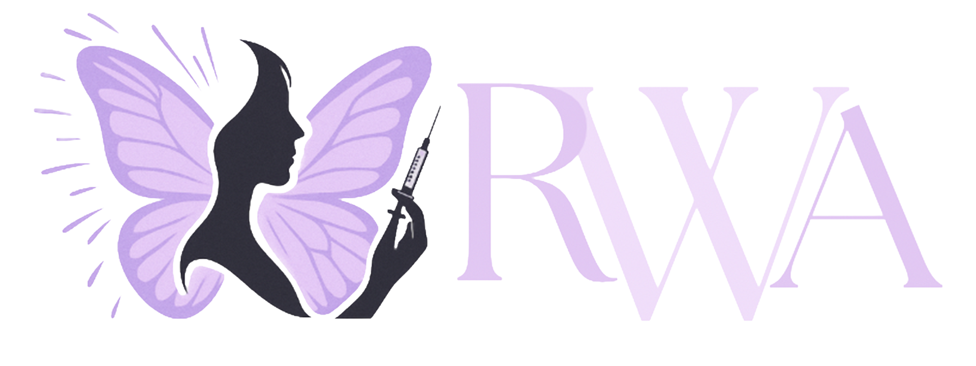 Logo with a silhouette of a woman with butterfly wings holding a syringe, with 
