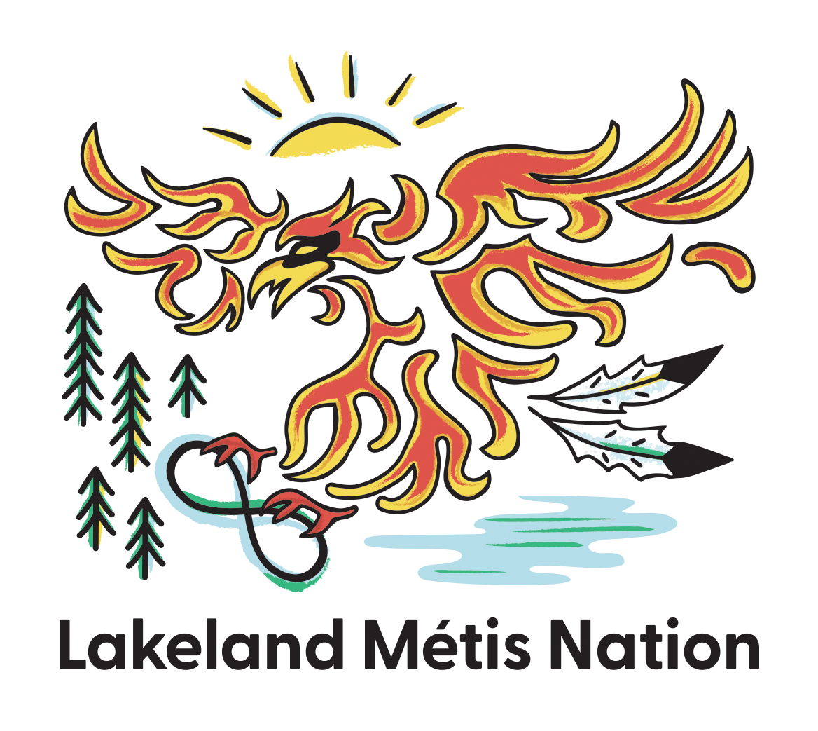 A logo for lakeland metis nation with a phoenix and trees