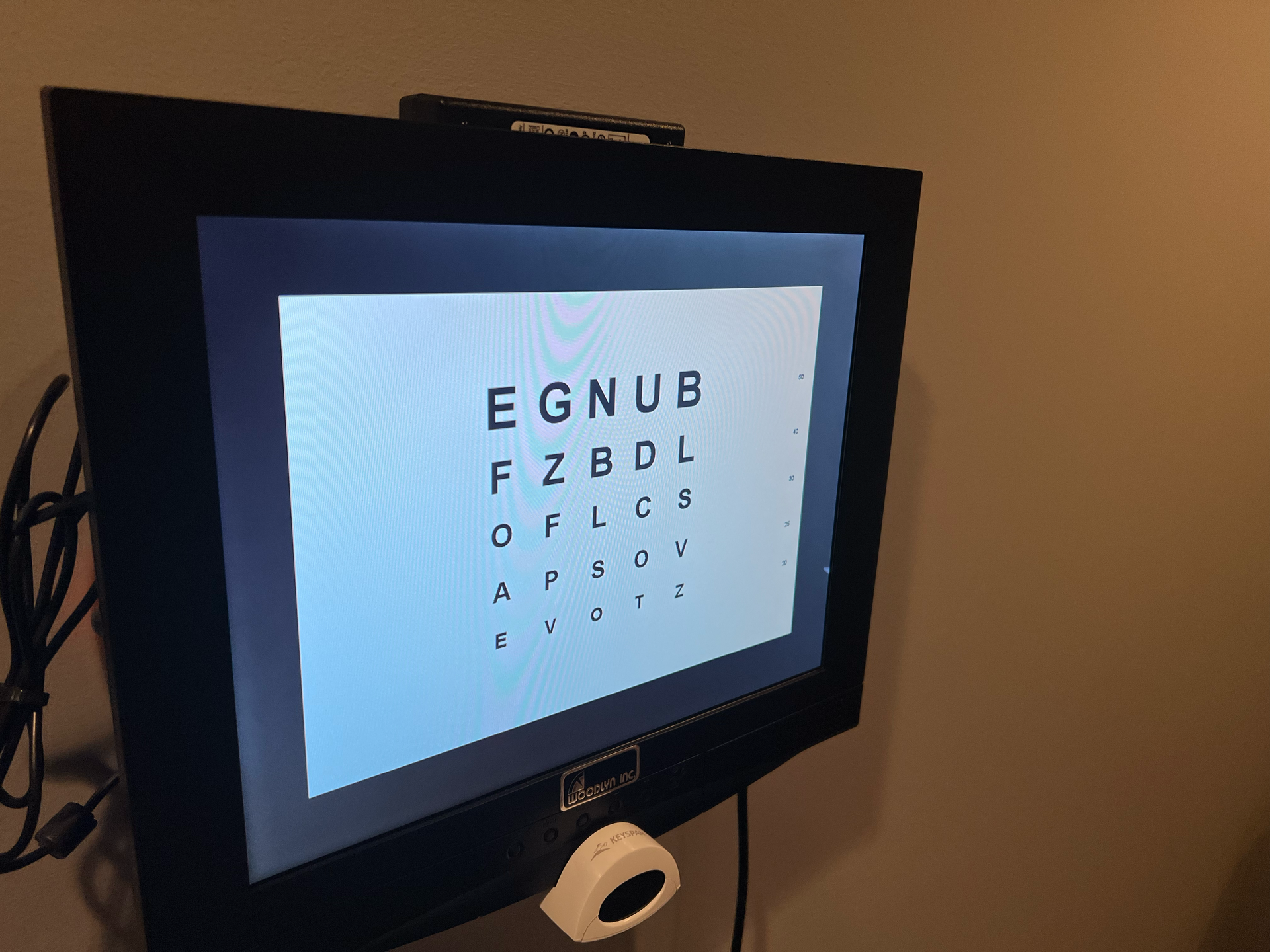 A monitor displays the letters egnub and fzbdl