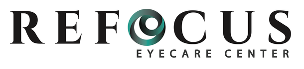 The logo for refocus eyecare center has a green circle in the middle.