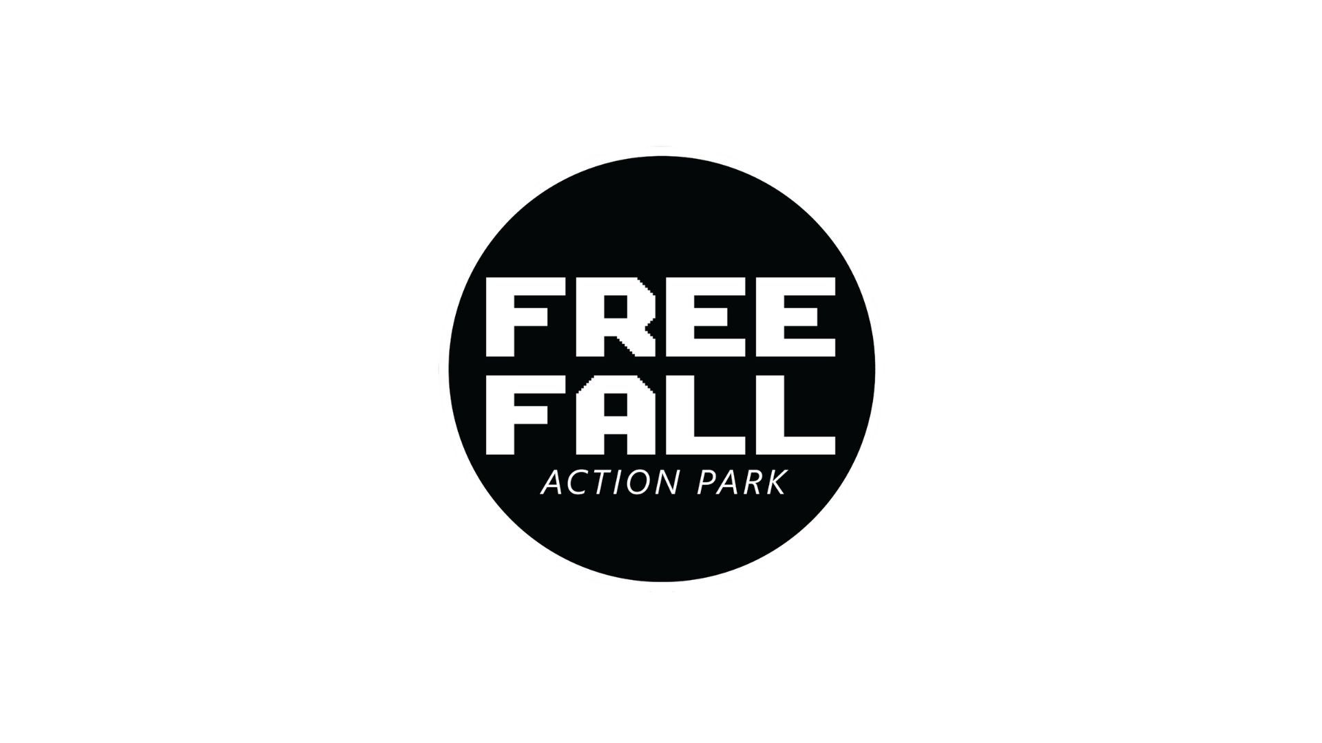 Logo for Free Fall Action Park: Black circle with white text, 