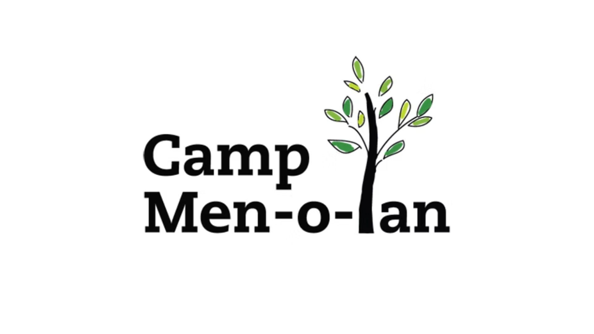 Camp Men-o-lan logo with black text, a stylized tree with green leaves, on a white background.