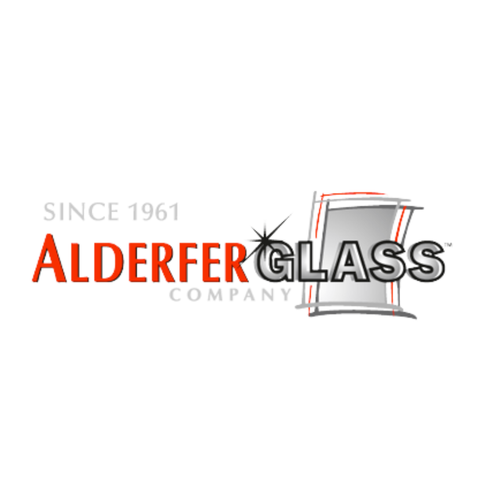 Logo for Alderfer Glass Company since 1961, with glass pane graphic in silver and red text.