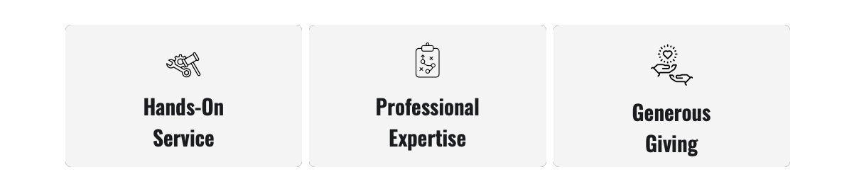 Three white boxes with icons and text: Hands-On Service, Professional Expertise, and Bonorous Biking.