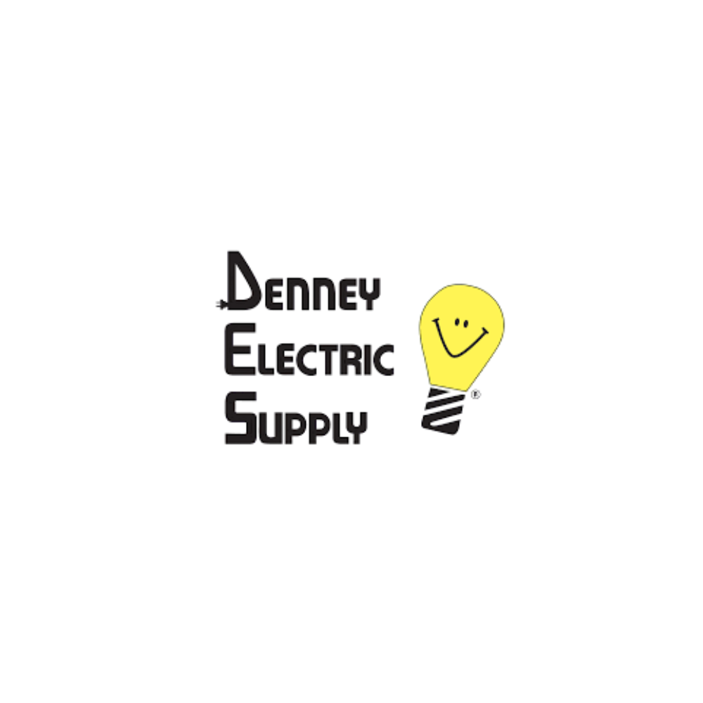 Denney Electric Supply logo: black text, yellow lightbulb with smiley face.