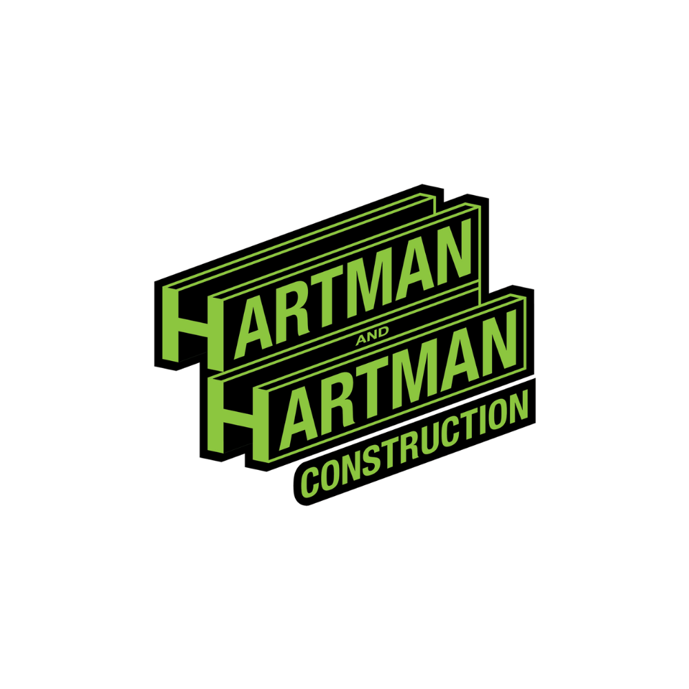 Hartman and Hartman Construction logo: green and black stacked text, 3D effect.