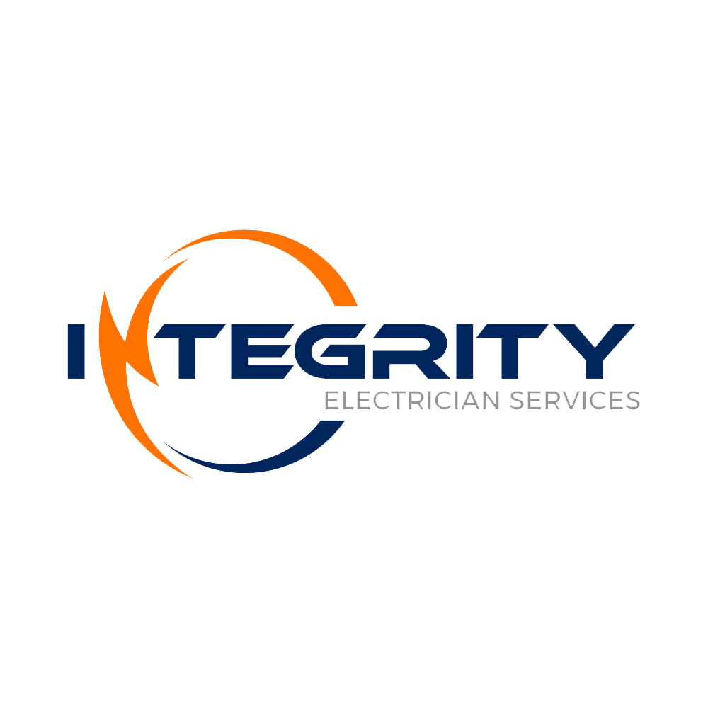 Logo for Integrity Electrician Services: Blue text with orange lightning bolt over a circle.