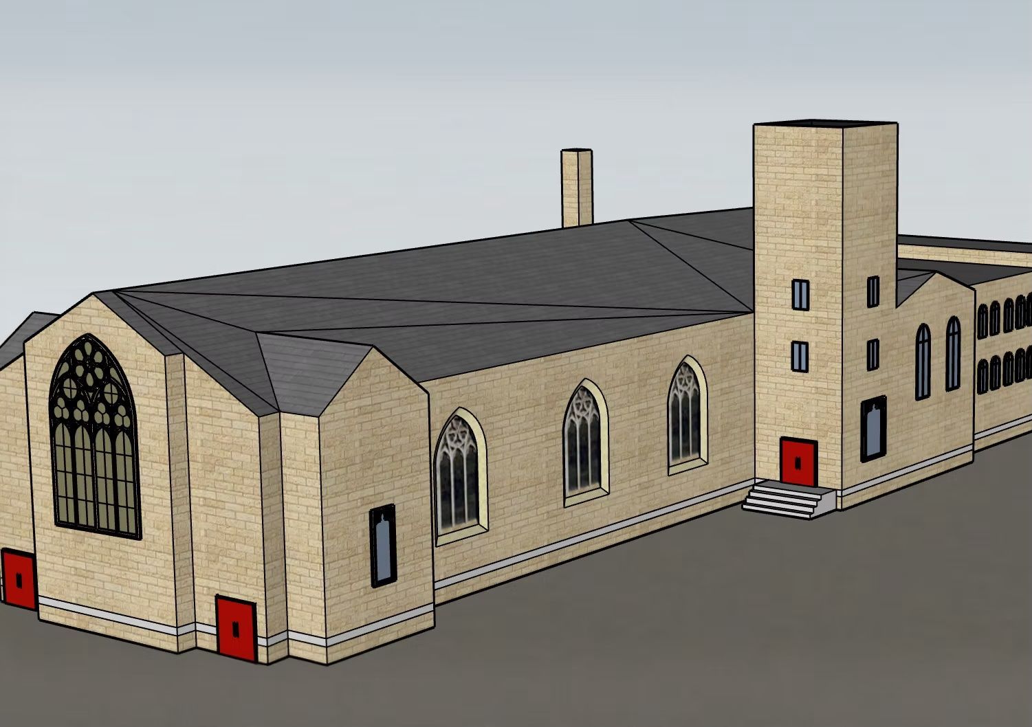 Perspective rendering of a tan brick building with a dark roof and tower; possibly a church.