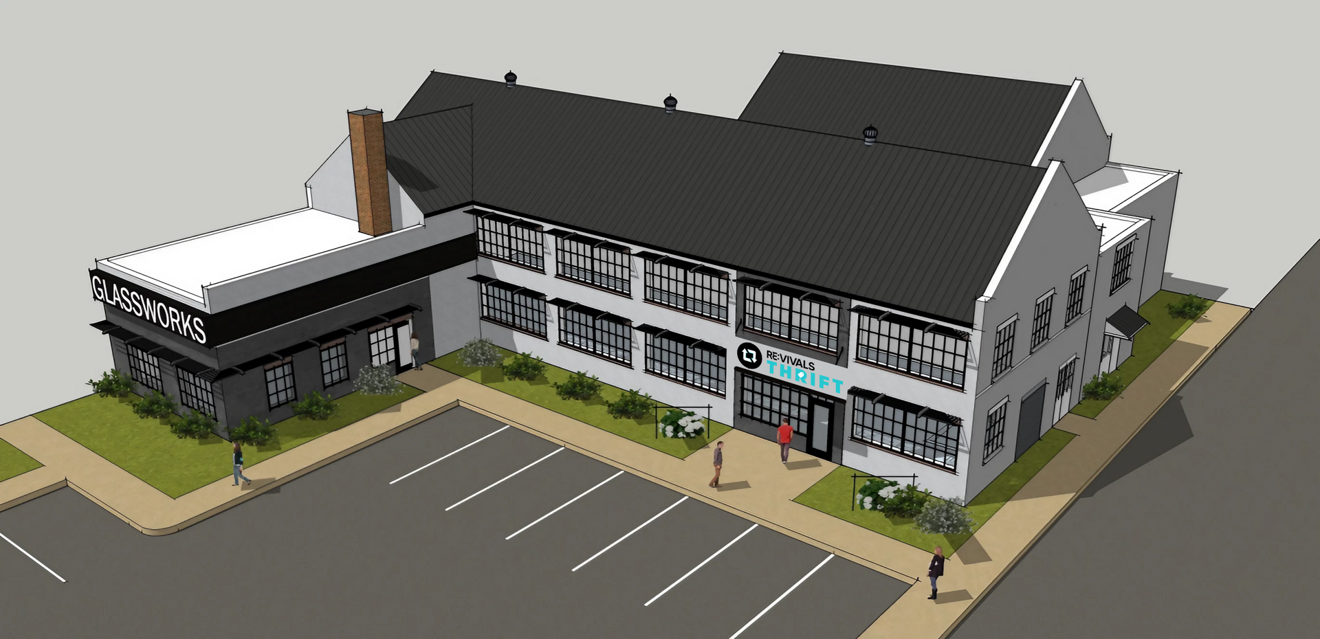 Exterior of a light gray building with a dark roof, parking lot, and landscaping.