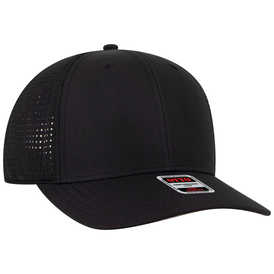 A close up of a black baseball cap on a white background