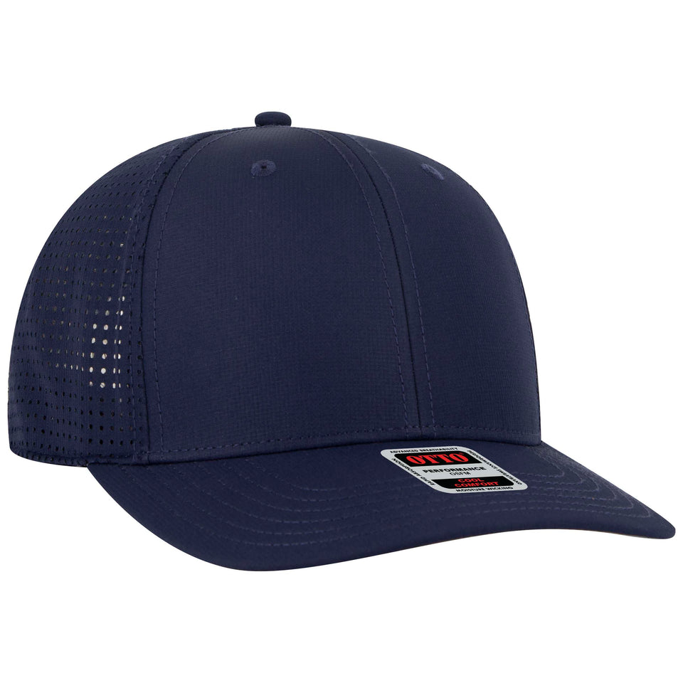 A close up of a blue baseball cap on a white background