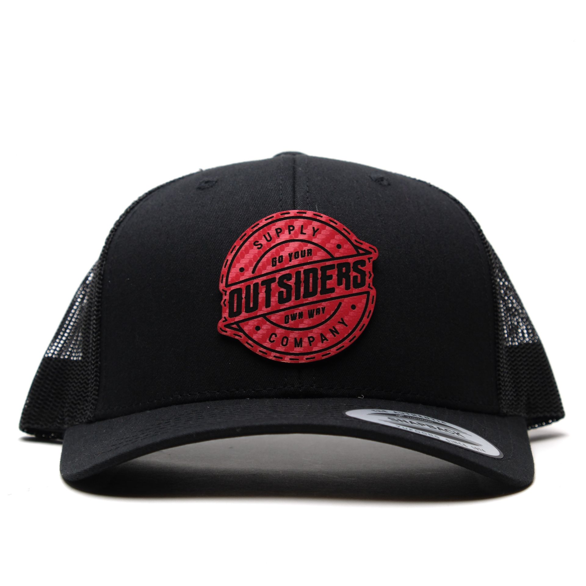 A black hat with a red outsiders logo on it