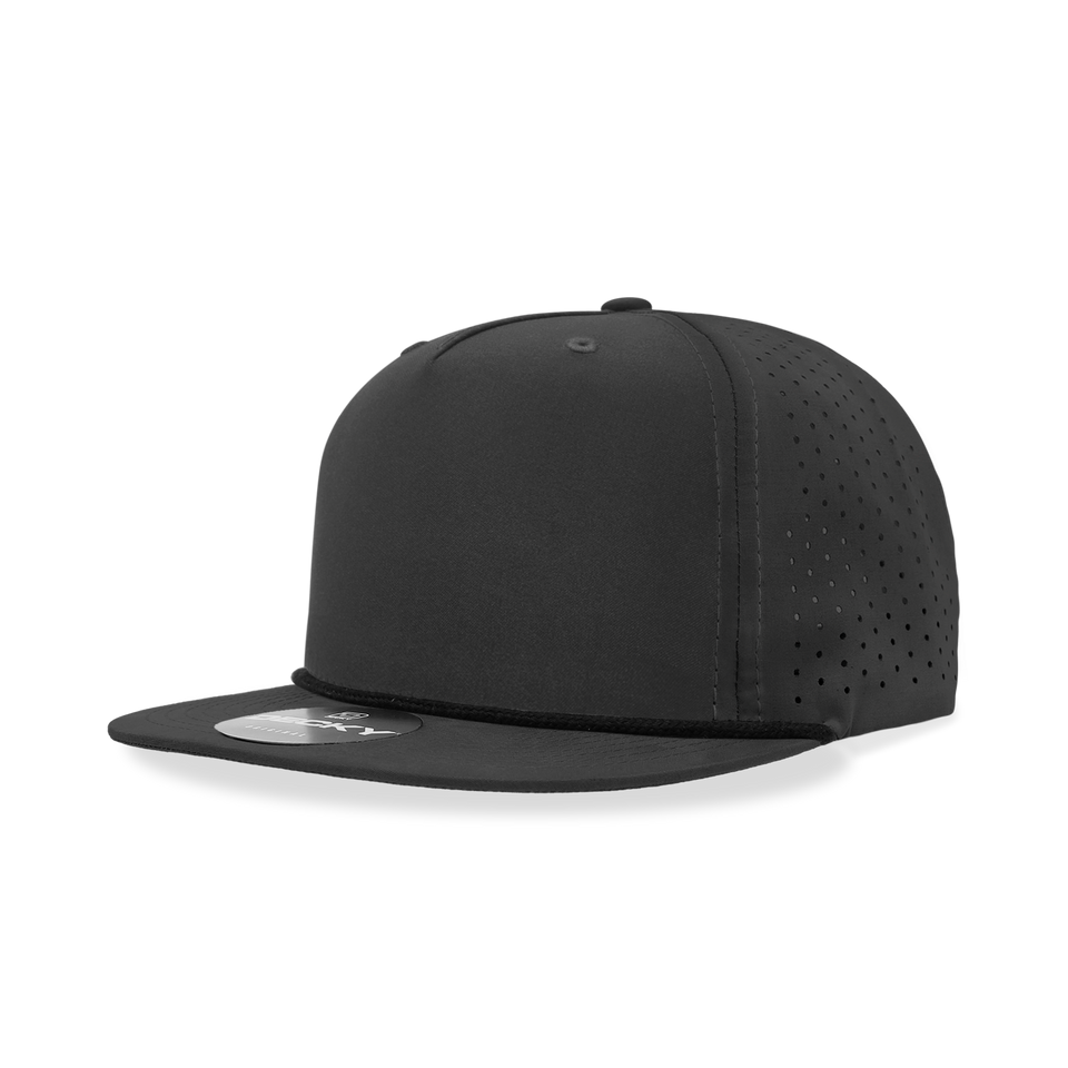 A black hat with holes in it is on a white background.