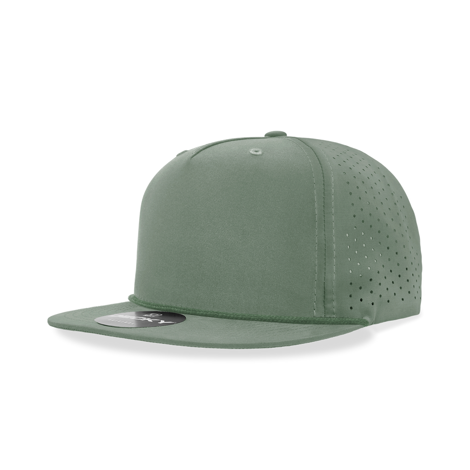 A green baseball cap with holes in it on a white background