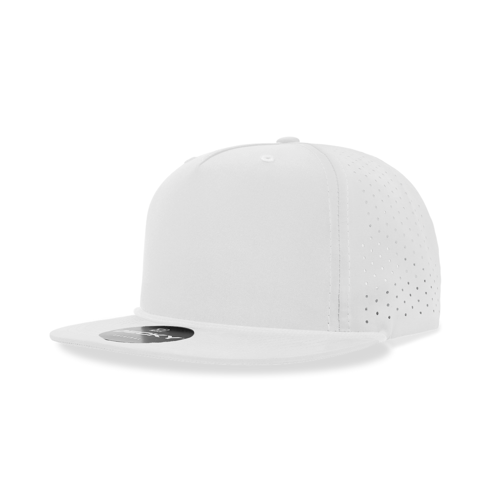 A white baseball cap with holes in it on a white background.