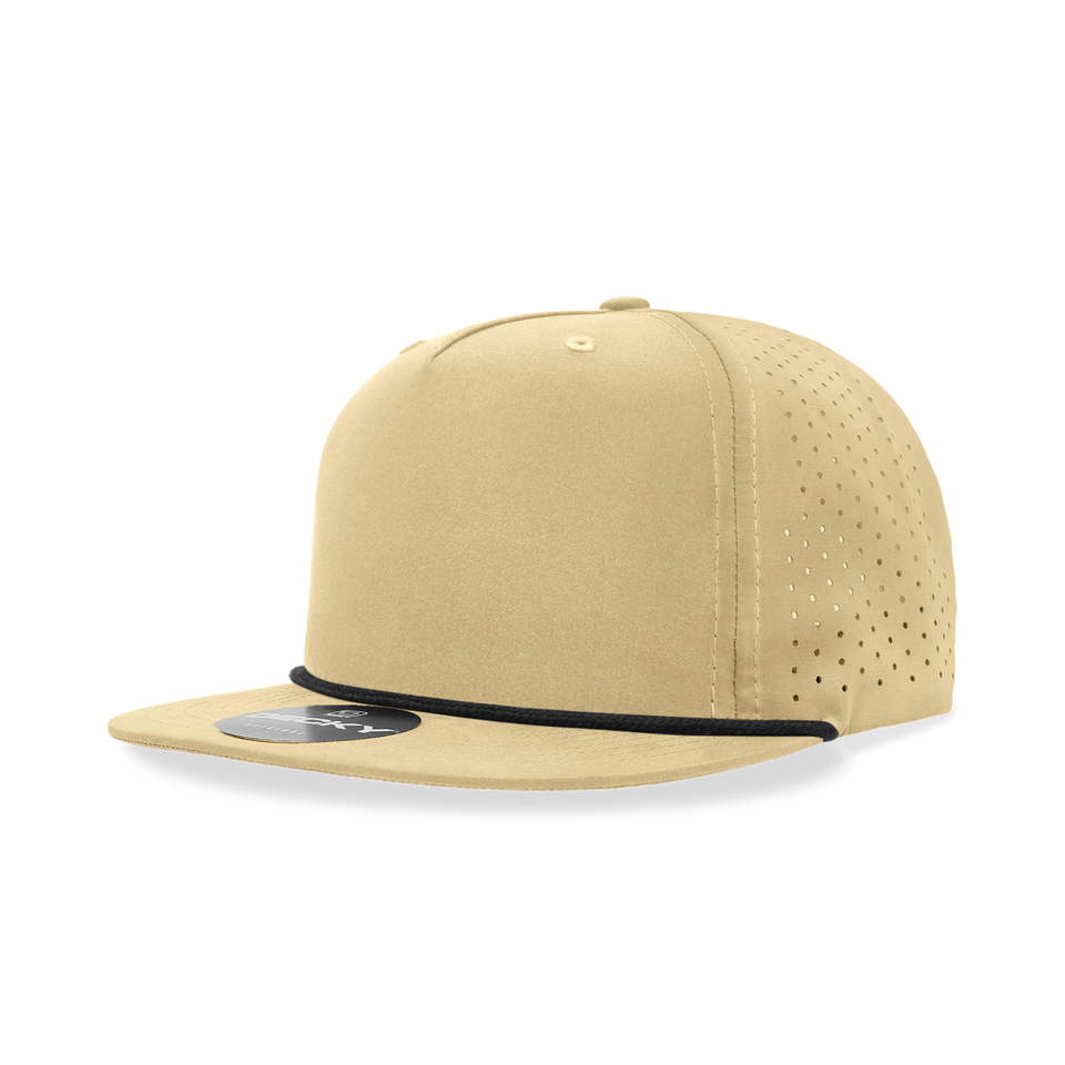 A tan baseball cap with a black rope around the brim